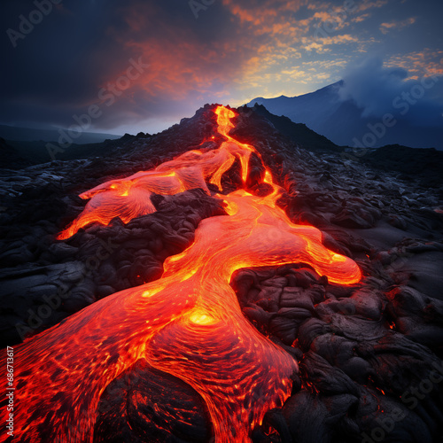 Volcano with lava flowing down it