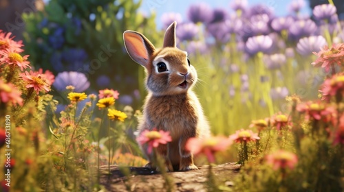 cute bunny realistic hd 4k glade flowers sunny colorful.Generative AI © sudipdesign