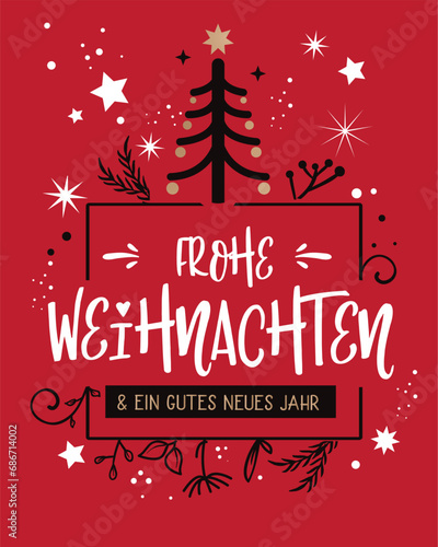 Frohe Weihnachten Kalligraphie. Grußkarte mit Weihnachtsbaum auf rotem Hintergrund - deutscher Text