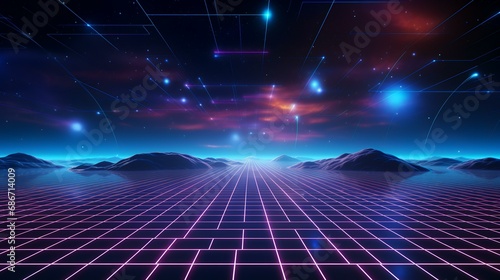 Futuristic technology background with glowing lines and grid. 3d rendering