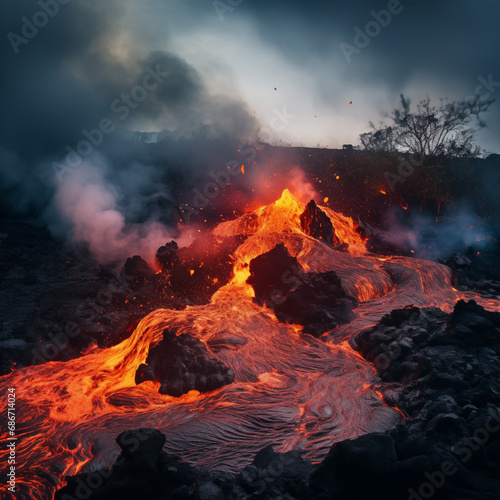 Volcano with lava flowing down it