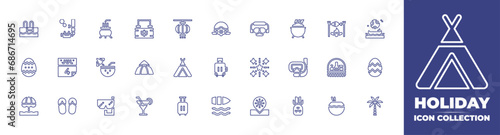 Holiday line icon collection. Editable stroke. Vector illustration. Containing baggage, hat, easter egg, boat, incense, gold pot, cocktail, snorkel, goggles, pineapple, snorkeling, diving mask.