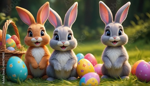 Cute cartoon happy Easter bunnies