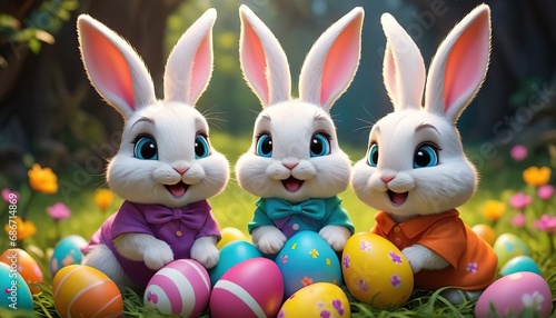 Cute cartoon happy Easter bunnies