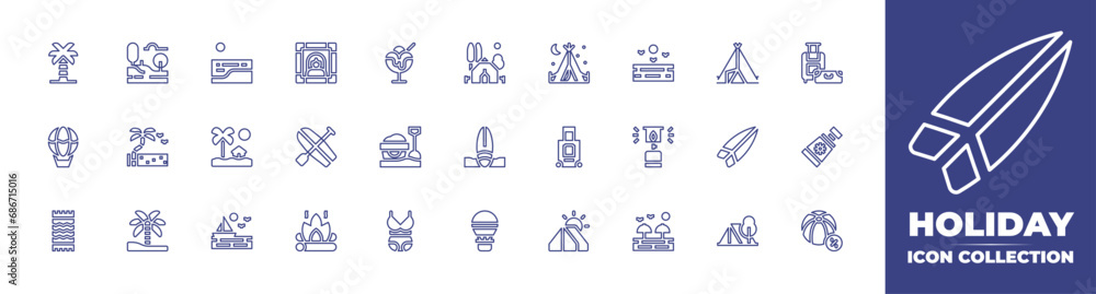 Holiday line icon collection. Editable stroke. Vector illustration. Containing beach towel, palm tree, hot air balloon, camping, beach, sea, gas, sailboat, jungle, camping tent, suitcase, tent, sand.