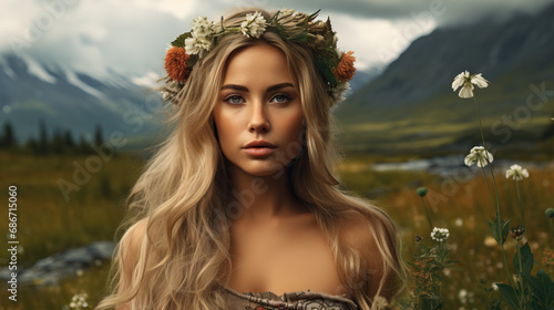 Woman in a flower crown in the meadows of Norway. Concept of Natural Beauty  Floral Elegance  and Harmony with Nature.