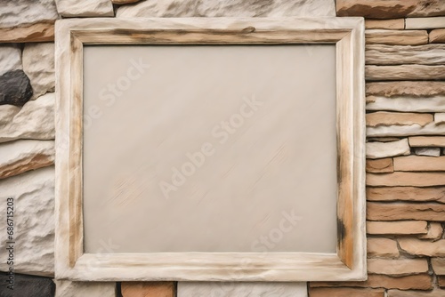 blank white frame  hanging on anciant stone wall  photo