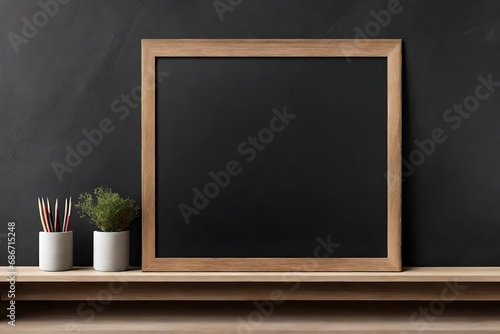 slate blackboard template , blank wooden framed chalkboard on a desk