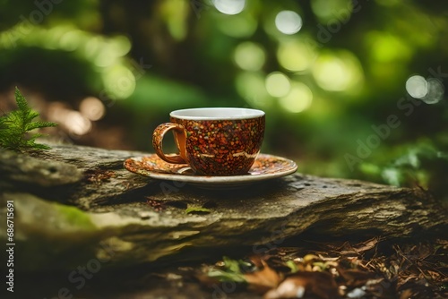 handcrafted ceramic coffe cup in the forest