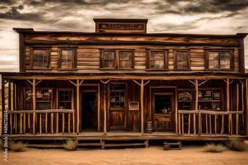 ancient wooden western saloon general store , old weathered facade , wild west general store
