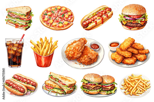 Watercolor Junk Foods Set. Set of Unhealthy Foods Clipart. Unhealthy Food Concept. Watercolor Junk Food Illustrations.