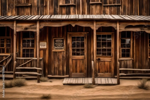 ancient wooden western saloon general store , old weathered facade , wild west general store