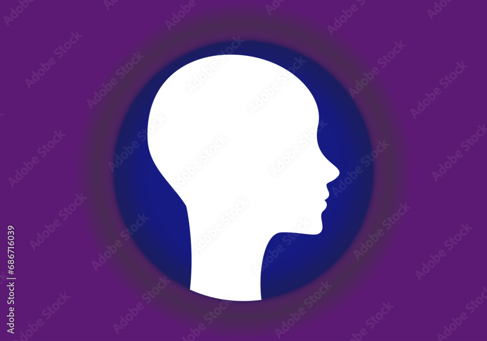 Fondo plantilla con la silueta blanca de la cara de una mujer sobre fondo azul y morado