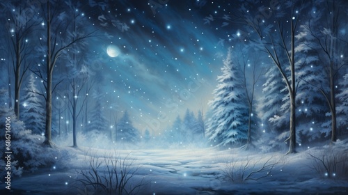 snowflakes caught in the glow of a full moon, casting a magical and serene atmosphere over a snow-covered meadow
