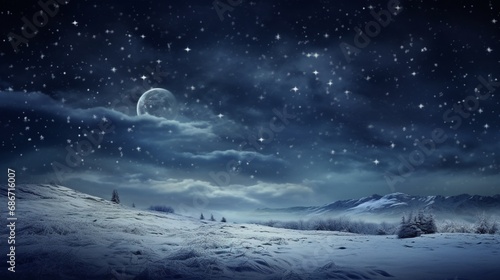 snowflakes caught in the glow of a full moon, casting a magical and serene atmosphere over a snow-covered meadow photo