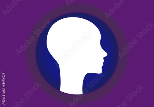 Fondo plantilla con la silueta blanca de la cara de una mujer sobre fondo azul y morado