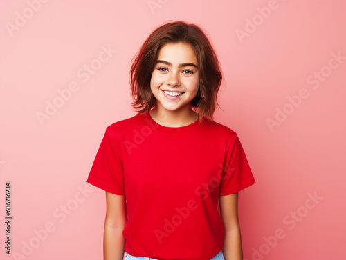 Girl wearing a plain tshirt standing in front of isolated red background - ai generative