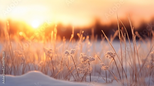 snowflakes caught in the soft glow of a winter sunset, creating a warm and enchanting atmosphere in a snow-covered field