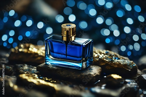 blue elegant perfume bottle , golden bokeh sparkles and shiny lights , precious perfume template