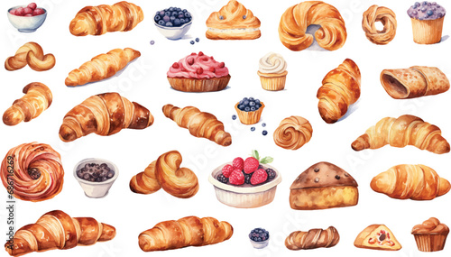 Watercolor pastries clipart croissant bagel bread cupcake pie cafe tea berries vector, generated in AI