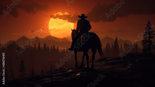 Silhouette of a cowboy with a hat on a horse at sunset © Lubos Chlubny