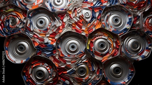 The geometric precision of recycled aluminum cans, arranged in a visually striking pattern, embodying the order found within chaos photo