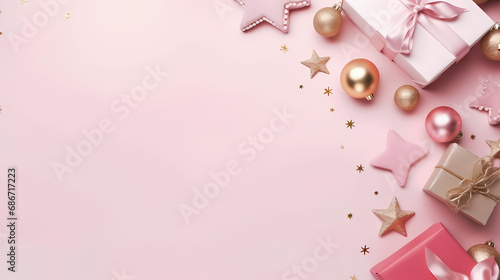 Top view photo of christmas decorations pink balls gold bell pine snowflake shaped ornaments white gift boxes stars serpentine sequins on isolated pastel pink background with copyspace mock up