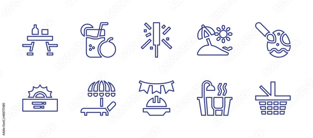 Holiday line icon set. Editable stroke. Vector illustration. Containing juice, beach umbrella, sun bath, bath, table, sea, sparkler, easter egg, labour day, basket.