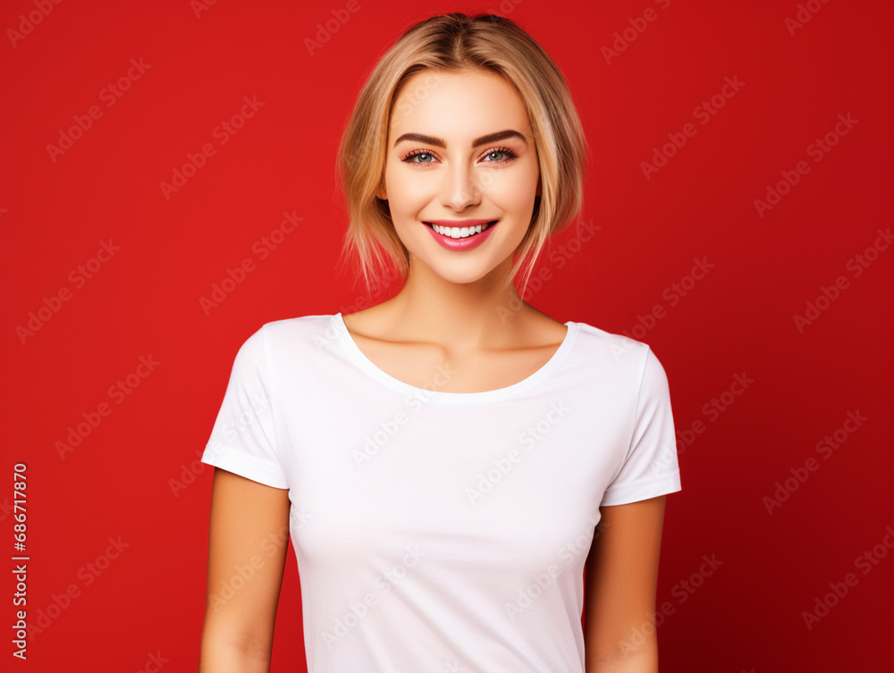 Lady wearing a plain tshirt standing in front of isolated red background - ai generative Lady wearing a plain tshirt standing in front of isolated red background - ai generative