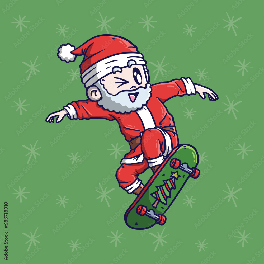 Cartoon vector illustration of Cute Santa Claus skateboarding do the ollie trick. Santa Claus mascot illustration. Cartoon vector illustration of Cute Santa Claus skateboarding do the ollie trick. Santa Claus mascot illustration.