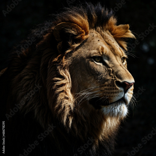 The lion on a dark background is a symbol of greatness and leadership. © BNMK0819