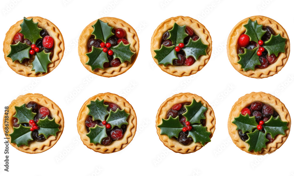 A collection of Christmas mince pies with holly isolated on transparent background