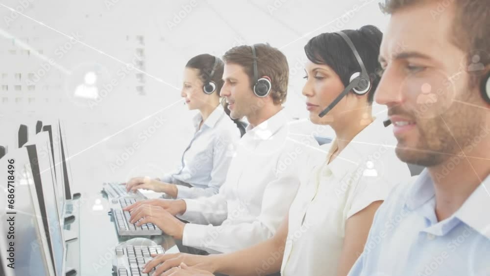 Animation of connected icons, diverse call center agents talking with customers wearing headsets Animation of connected icons, diverse call center agents talking with customers wearing headsets