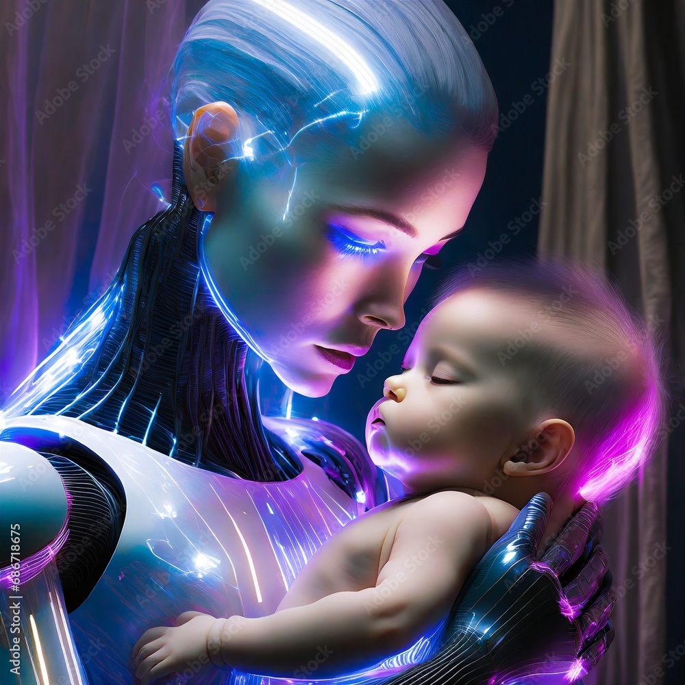 Humanoidalny robot trzymający na rękach niemowlę. Macierzyństwo przyszłości, sztuczna inteligencja, integracja człowieka z maszyną - obrazy, fototapety, plakaty 