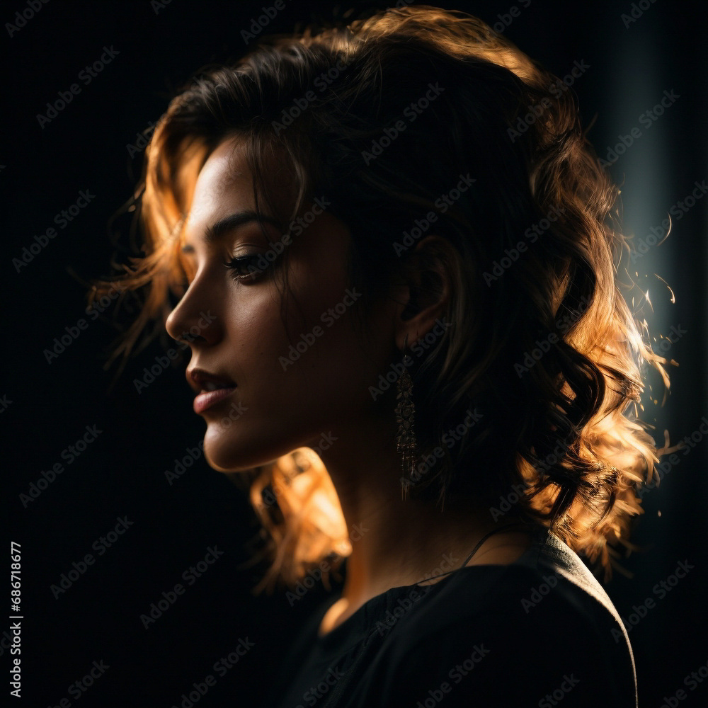 Side view of dark portrait of a woman on black background Side view of dark portrait of a woman on black background