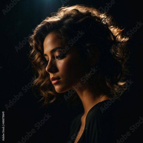 Side view of dark portrait of a woman on black background