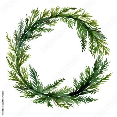 Tannenkranz Aquarell Grün Weihnachten Dekoration Handgemalt Festlich Wandkunst Natur Illustration Pflanzen Zweige Feiertag Geschenk