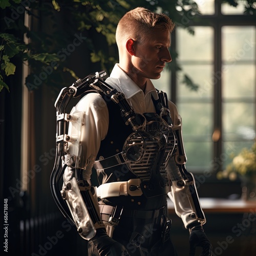 Man wearing high tech exoskeleton. Great for stories on robotics, workforce, futuristic healthcare, bionics, exosuit and more.  © ECrafts