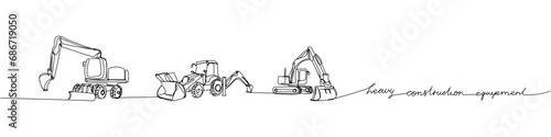 Heavy Construction Equipment set, Excavator, backhoe loader, crawler loader one line art. Continuous line drawing of repair, professional, hand with inscription, lettering, handwritten.