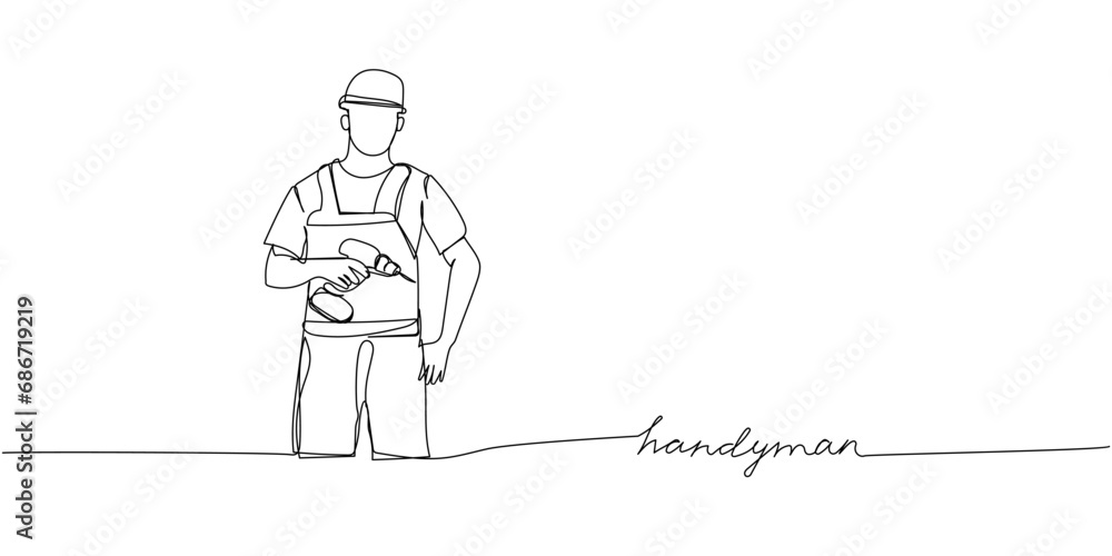 Builder with a screwdriver, handyman, hard hat one line art. Continuous line drawing of repair, professional, hand, people, concept, support, maintenance with inscription, lettering, handwritten. Builder with a screwdriver, handyman, hard hat one line art. Continuous line drawing of repair, professional, hand, people, concept, support, maintenance with inscription, lettering, handwritten.