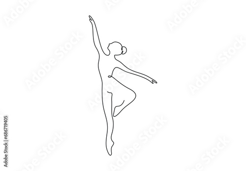 Single continuous line drawing of pretty ballerina in ballet motion dance style. Beauty dancer concept, Minimalist poster print art. Vector illustration. Pro vector. 