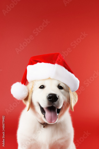 Golden retriever with christmas hat, isolated on red background.