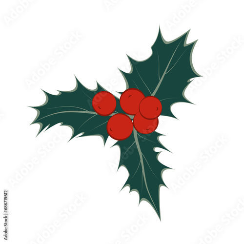 Holly sprig with berries. Christmas symbol. Vector illustration on a white background.