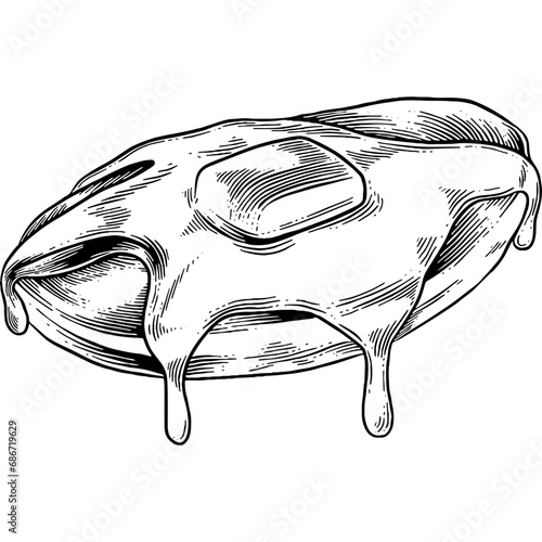 Hand drawn Pancake with Butter and Maple Syrup Sketch Illustration