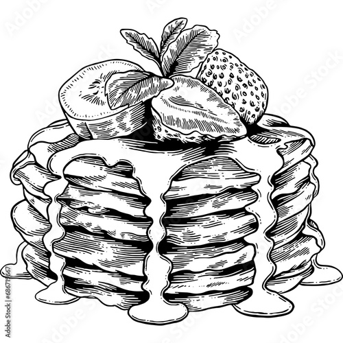 Hand drawn Pancakes with Strawberries and Banana Sketch Illustration