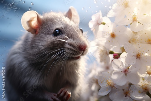 Little cute white mouse sitting on a branch of a spring flowering