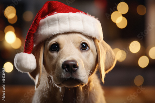 Cute dog in Santa hat on blurred lights background, closeup.