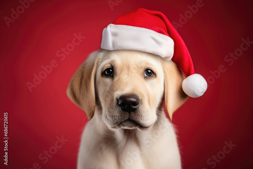 Golden Retriever puppy wearing a santa hat on a red background.