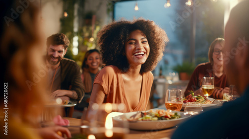 Happy diversity multi-ethnic millennials friends having dinner in a cafe