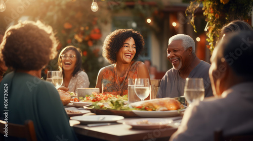 Happy diversity multi-ethnic elderly friends having christmas dinner at home photo